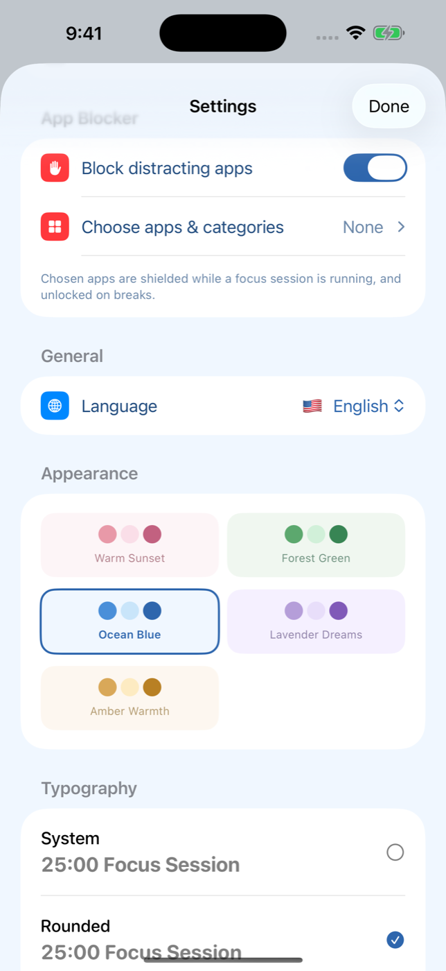 App blocking controls in Pomodoro by Elsa settings
