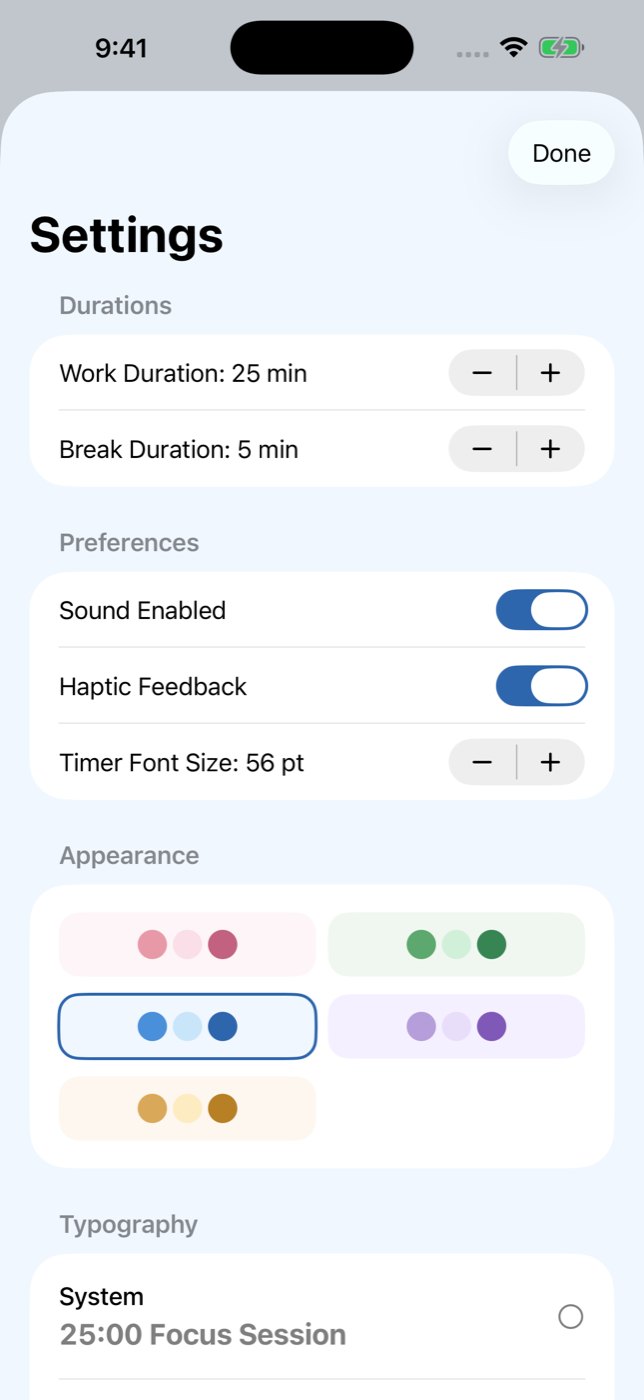 Pomodoro by Elsa duration settings